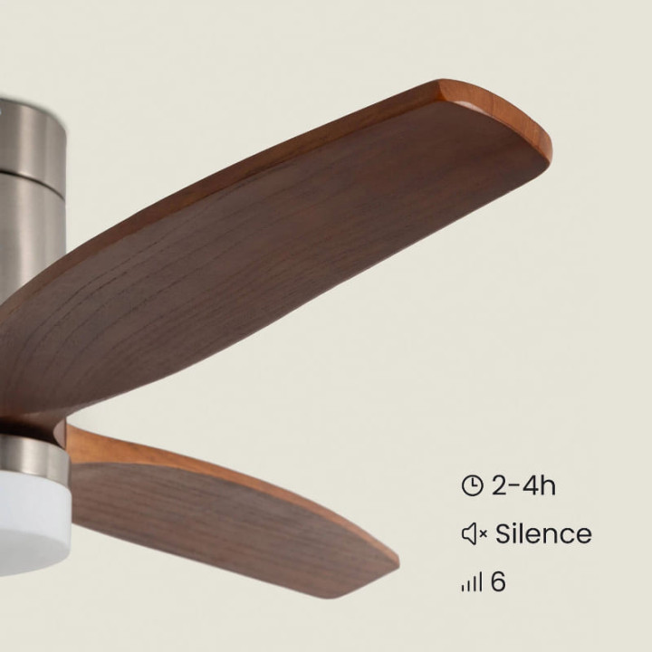 Ventilateur de Plafond Moderne Nickel avec Pales en Bois Foncé Éclairage et Moteur Silencieux